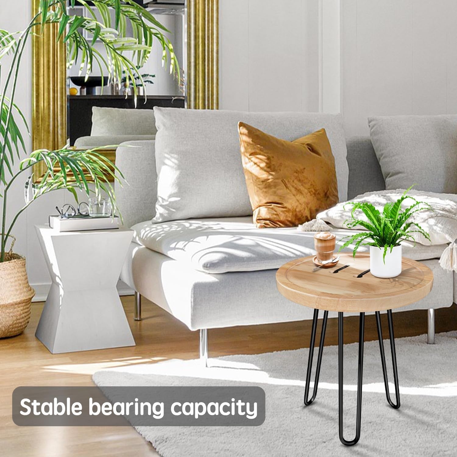 Round Wooden Side Table with Black Metal Legs Small Plant Stand Bedside Stool