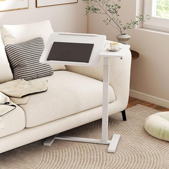 Mobile Laptop Table Height Adjustable C Shaped Desk with Wheels White 68x40cm