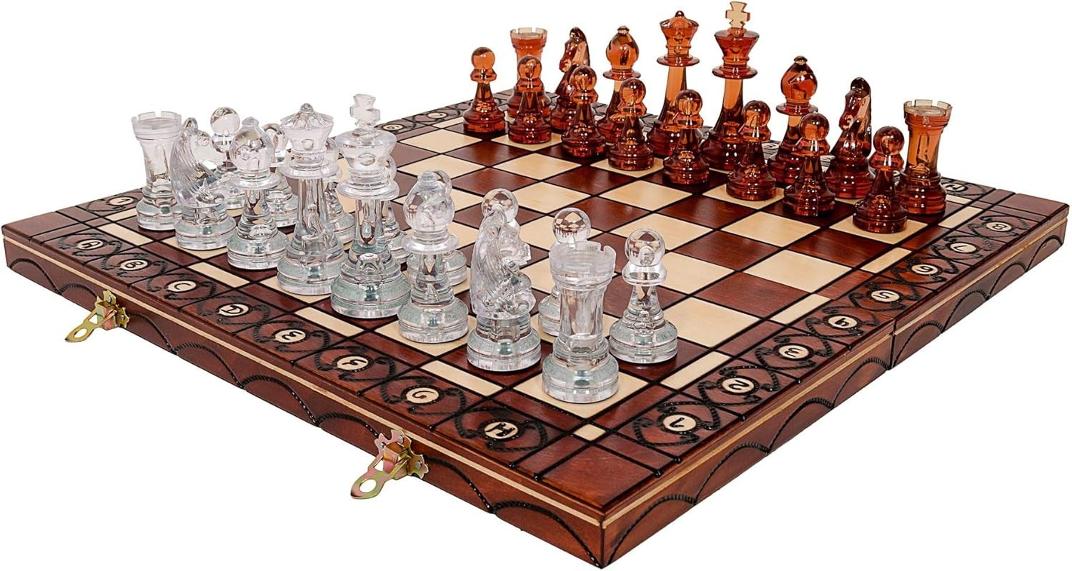 40cm Wooden Chess Set Amber Pieces | Foldable Board | Elegant Staunton Design