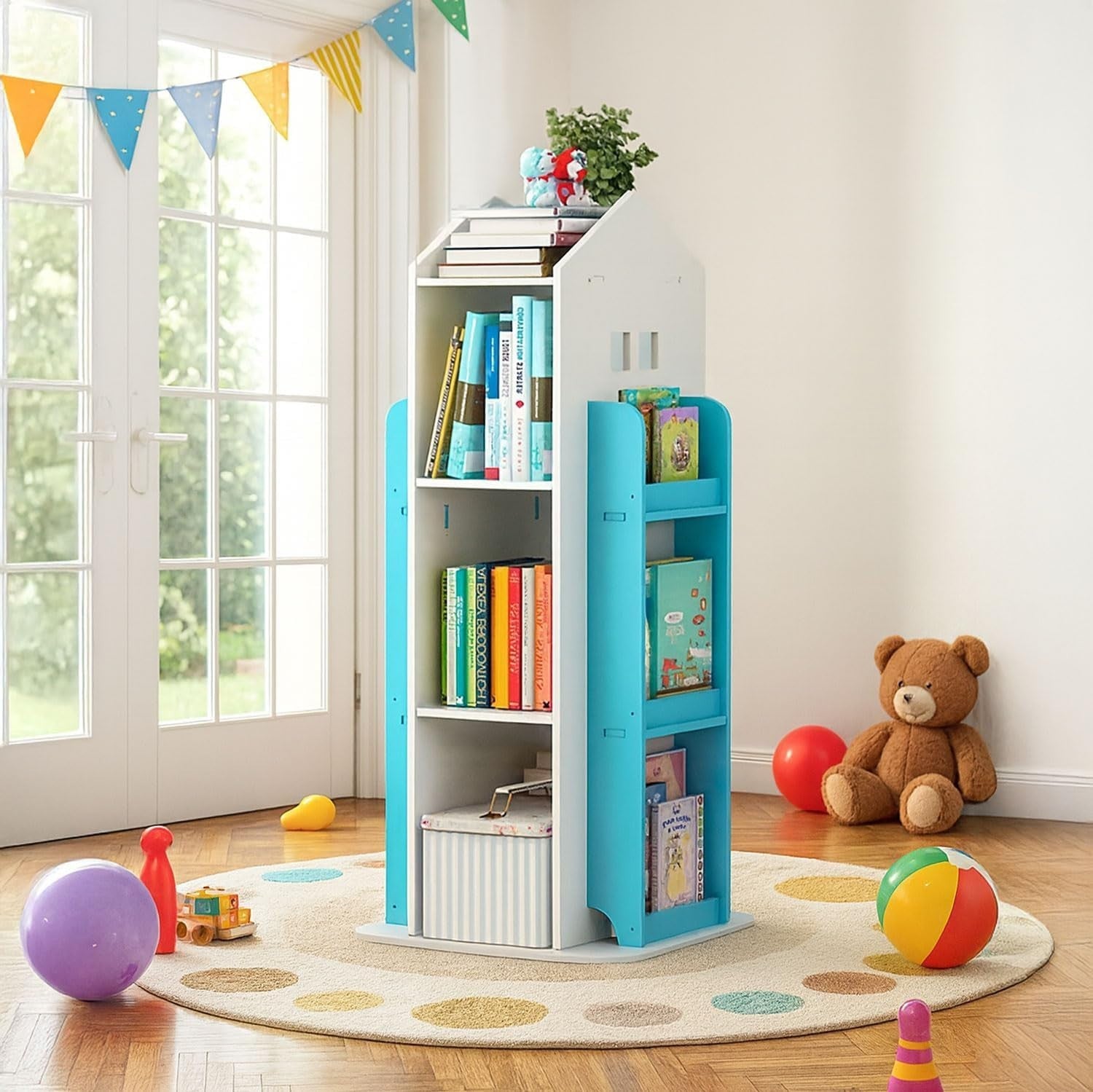 360° Rotating Kids Bookshelf 10-Shelf Freestanding Space-Saving Bookcase Blue