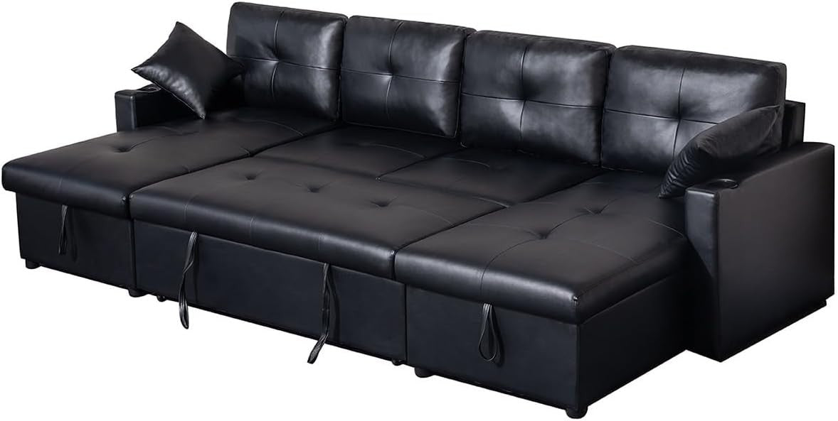 Black Bonded Leather U-Shaped 4 Seater Sofa Bed with Storage Ottoman
