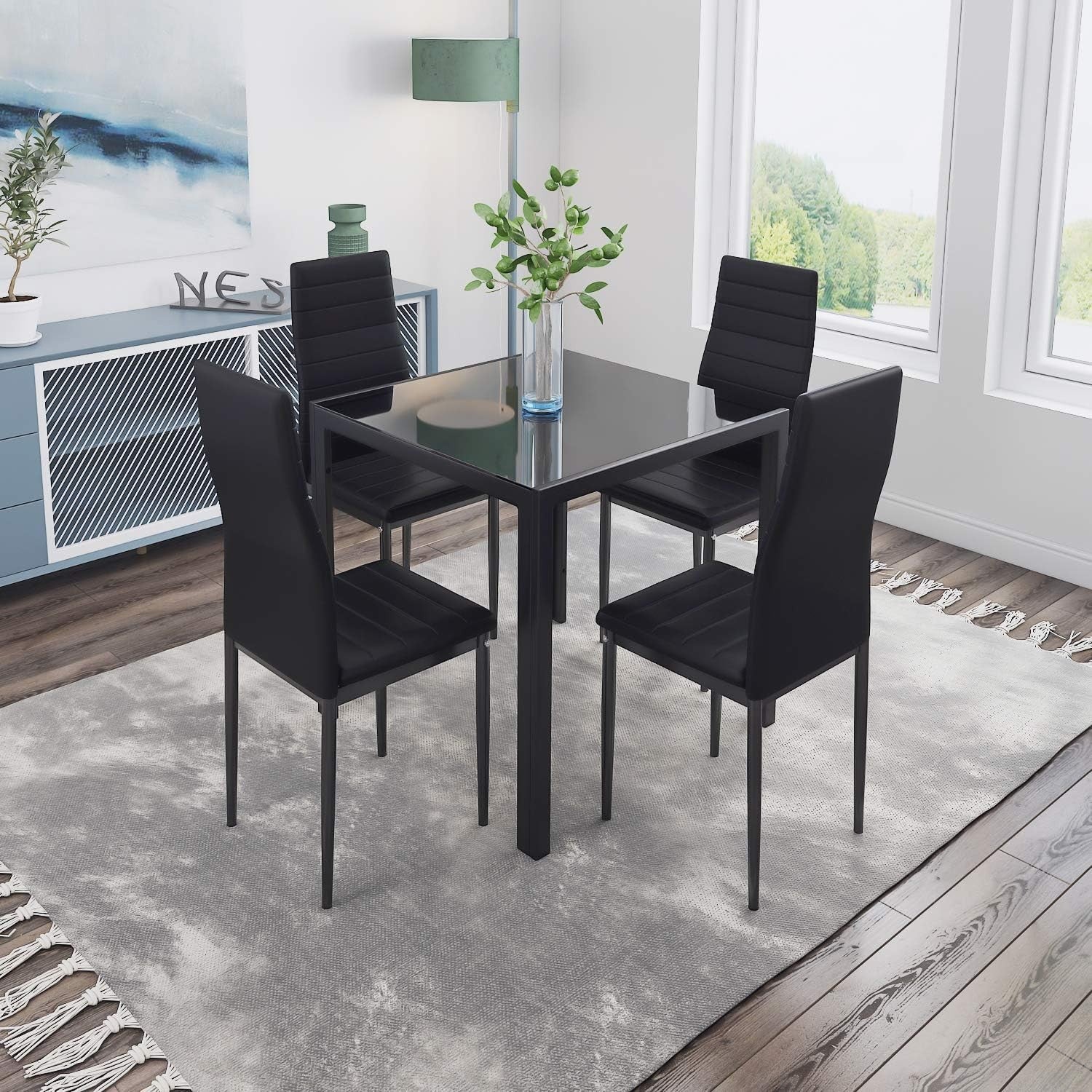 Modern 4-Seater Black Glass Dining Table with Faux Leather Chairs