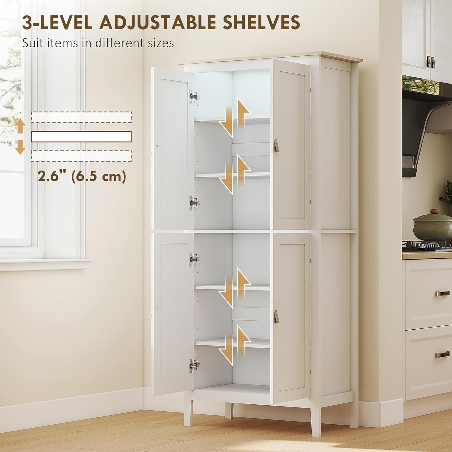 Tall White Kitchen Cupboard Cabinet LED Light 177cm Storage Unit Shelves