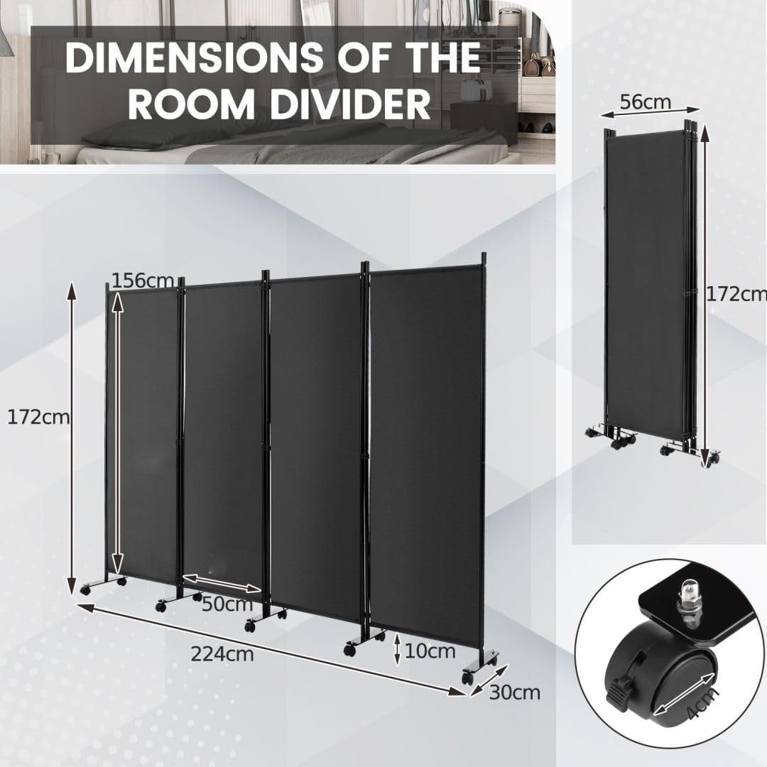 4 Panel Grey Folding Room Divider Privacy Screen on Wheels for Home Office