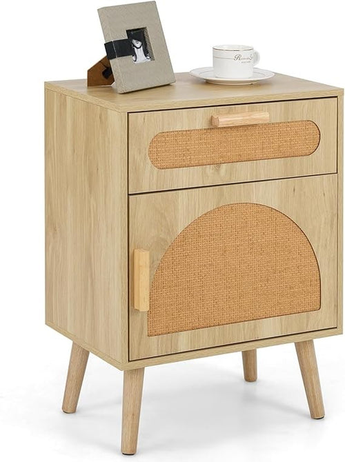 Boho Wooden Rattan Bedside Table with Drawer & Door Solid Wood Legs 45x30x61cm