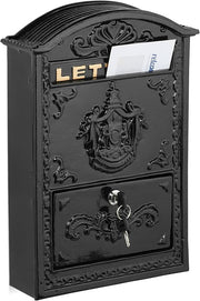 Vintage Wall Mounted Mailbox Lockable A4 Slot Iron Aluminium Black Gold