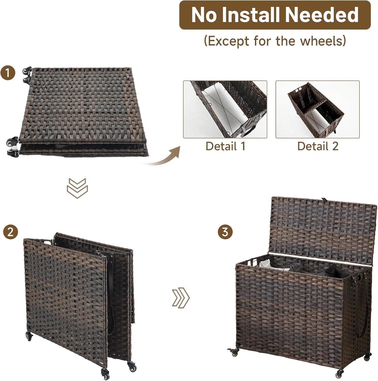 200L Wicker Laundry Hamper on Wheels with Lid | 3 Removable Bags & Side Pocket |