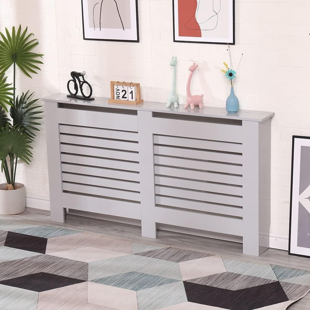 High Gloss Grey Radiator Cover Large 151cm Modern Slat Cabinet Display