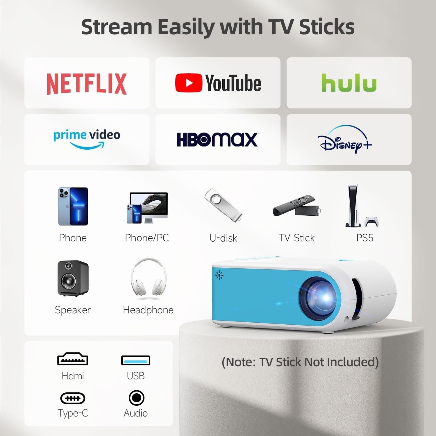 1080P 4K Mini Projector WiFi 6 Bluetooth 5.4 Portable