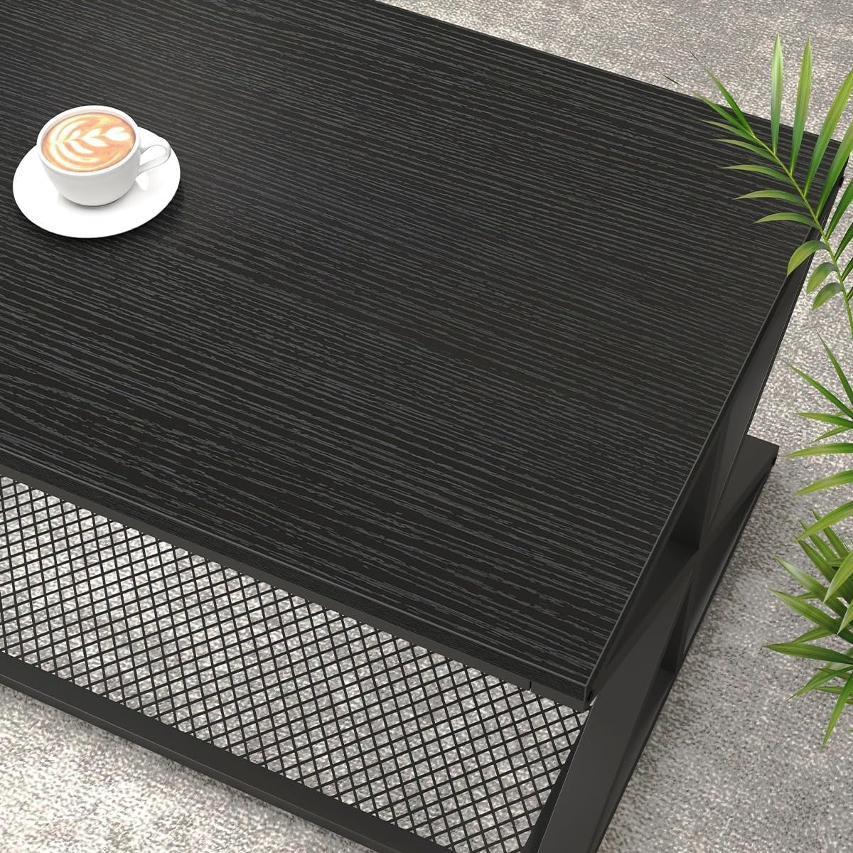 Modern Black Coffee Table with Storage Shelf – Industrial Metal Frame 120cm