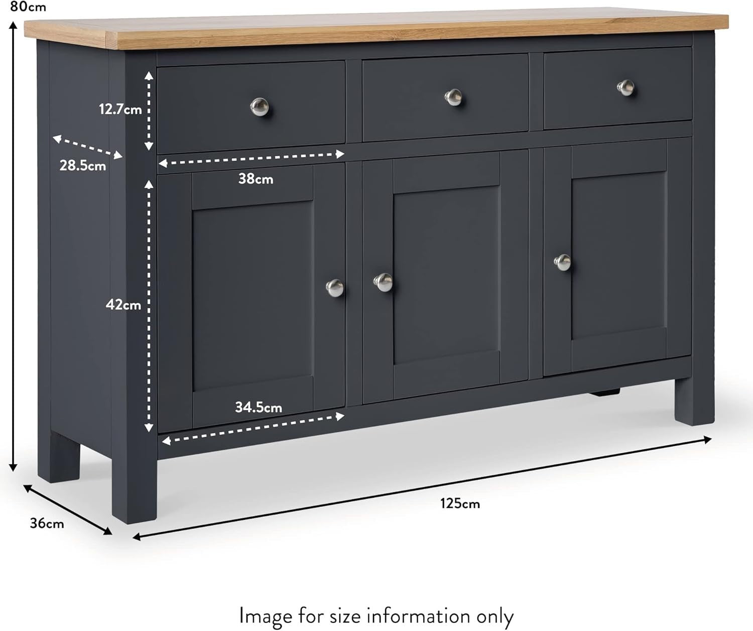 Charcoal Sideboard 3 Door 3 Drawer Oak Top Storage Cabinet Hallway
