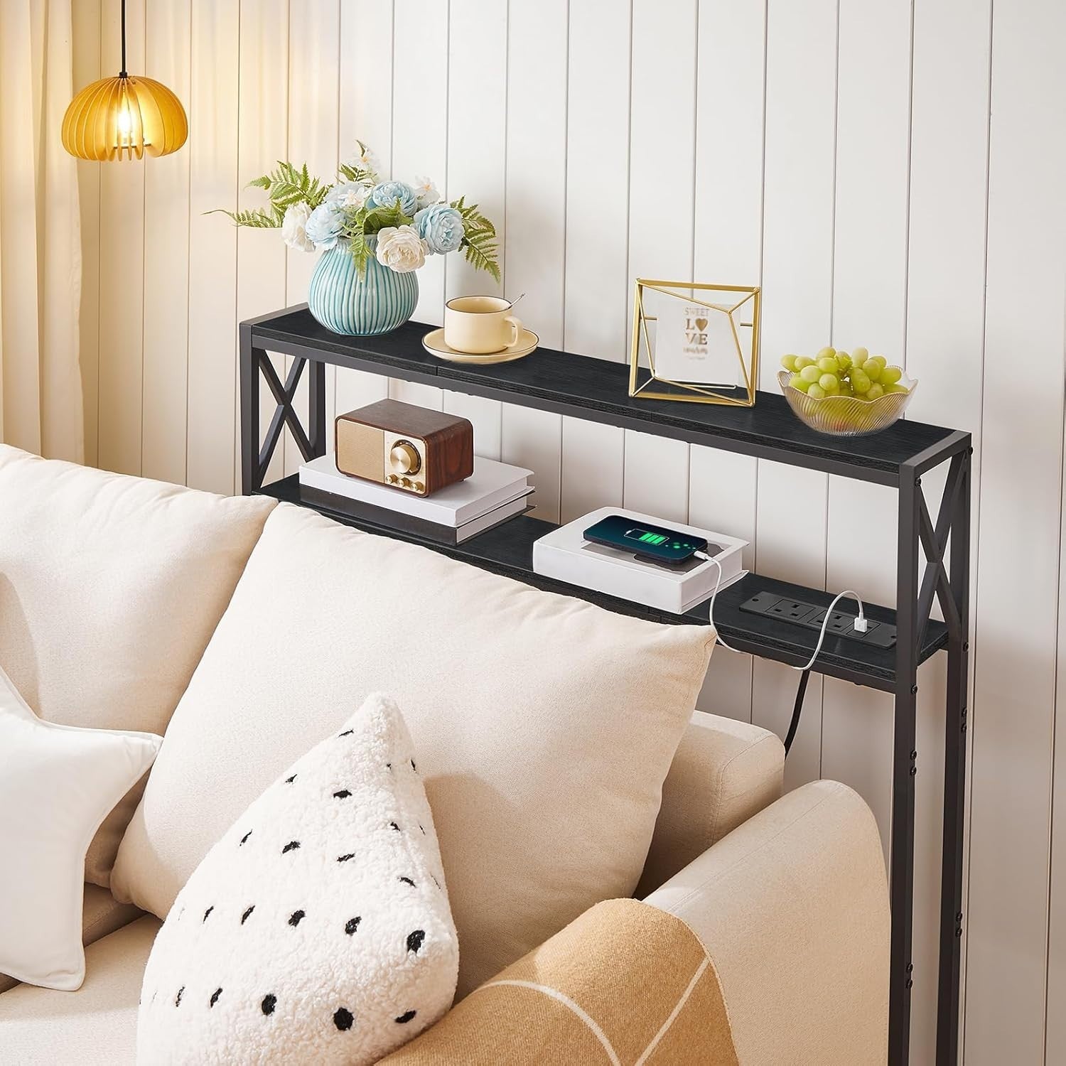 Narrow Sofa Table with Charging Station & Dual USB Ports, 100x15x100cm