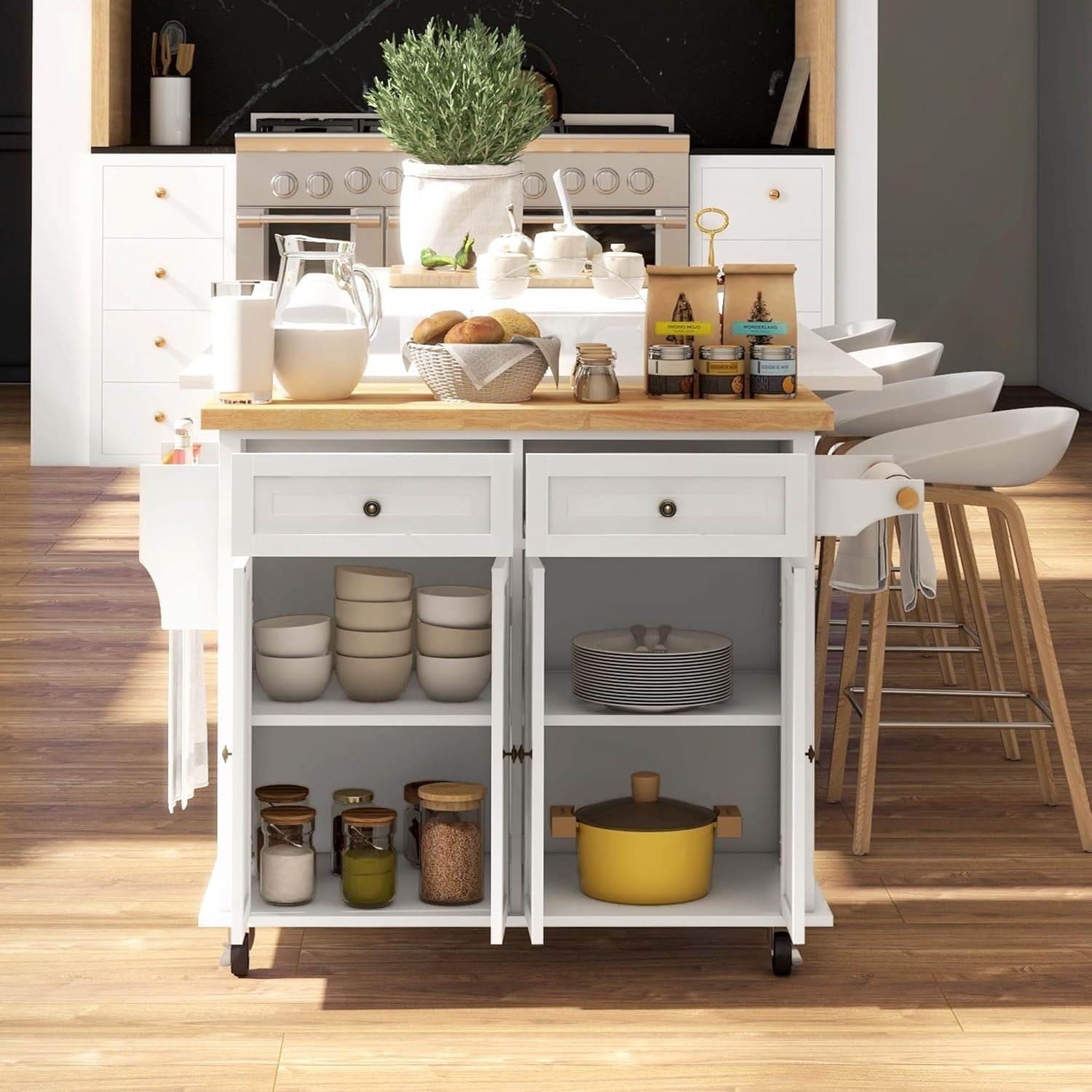 Rolling Kitchen Island Trolley with Drawers, Shelves & Rubber Wood Top 111x44cm