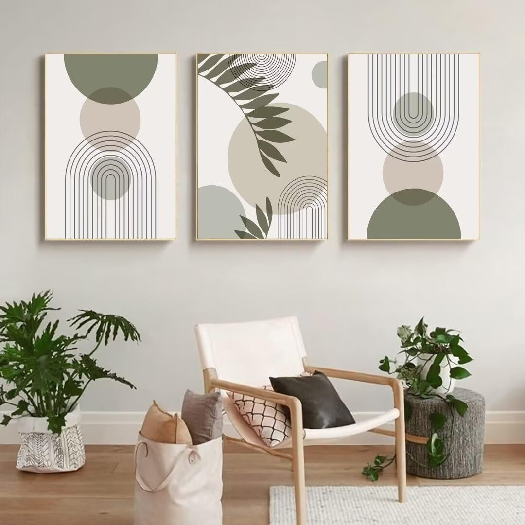 Sage Green Abstract Wall Art Set of 3 Framed Canvas Prints 12x16 Boho Decor