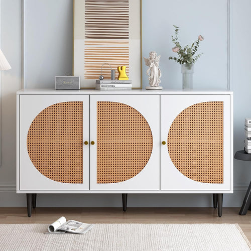 White Rattan Sideboard Cabinet Storage Unit with 3 Doors & Metal Legs