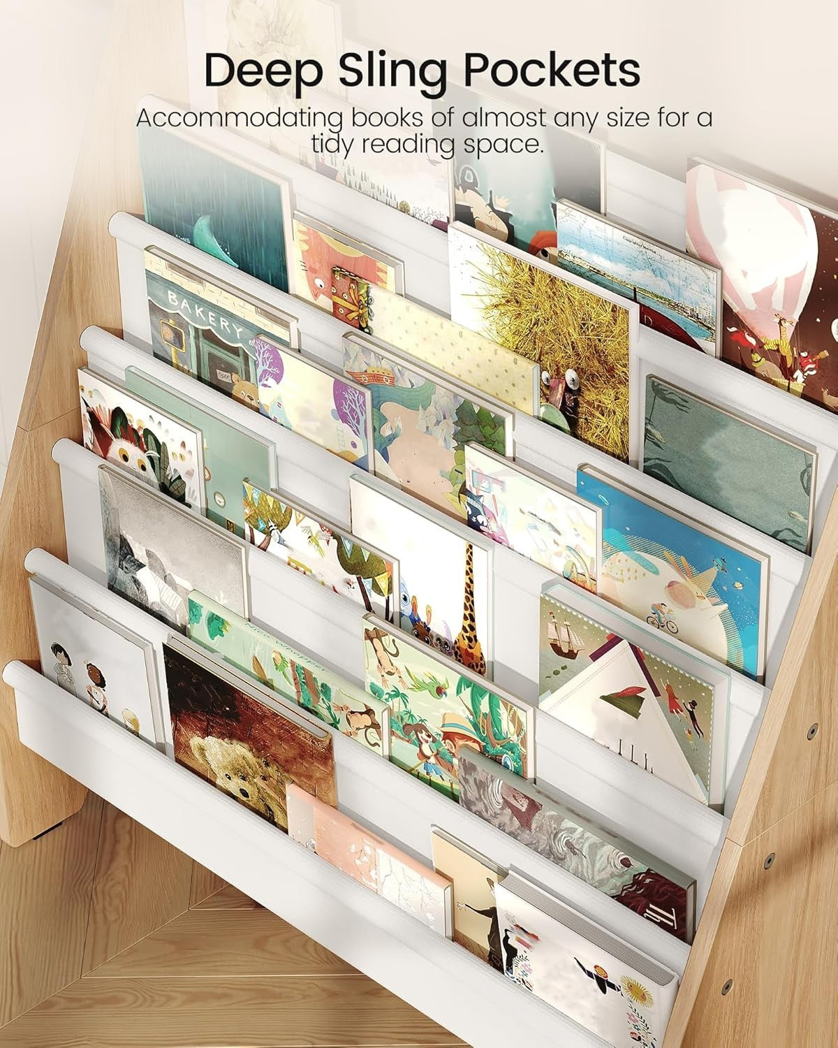 6 Tier Kids Bookshelf White Natural Sling Book Organizer Large Capacity