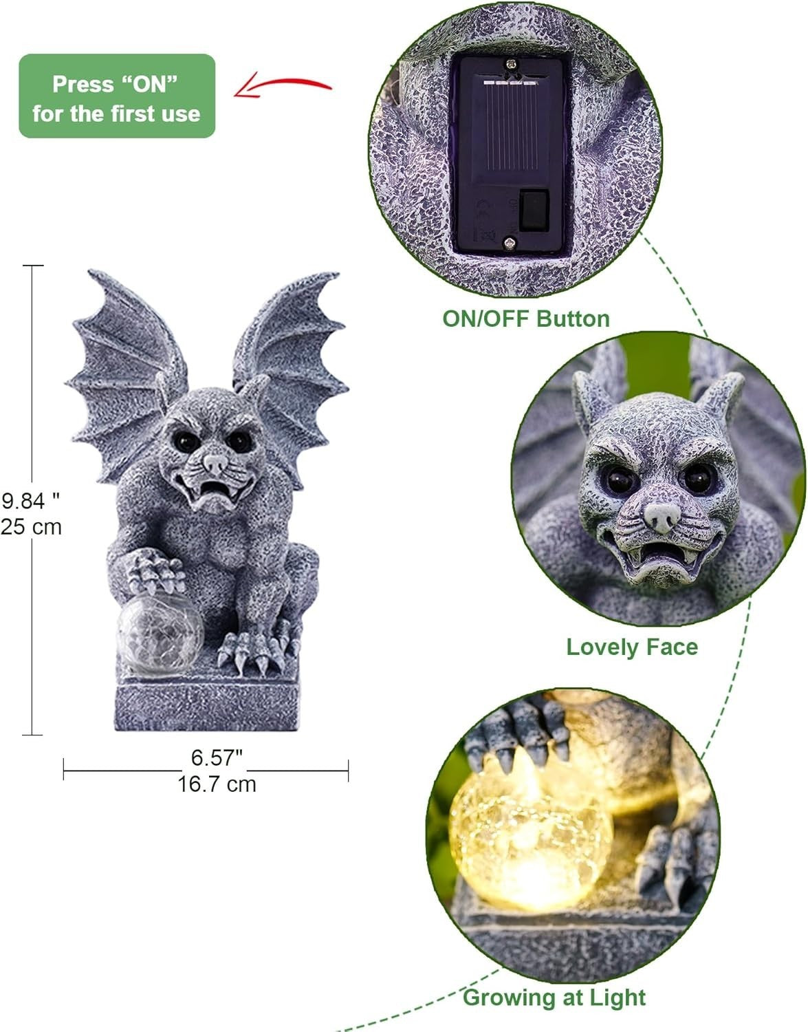 Solar Gargoyle Garden Ornament with LED Ball Light – Waterproof Gothic Statue