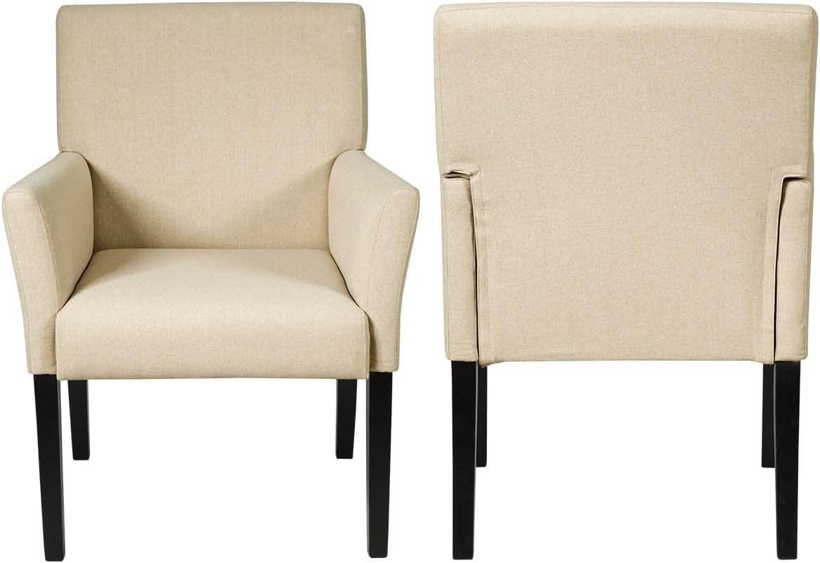 Beige Accent Armchair Linen Fabric Upholstered Wood Legs Chair