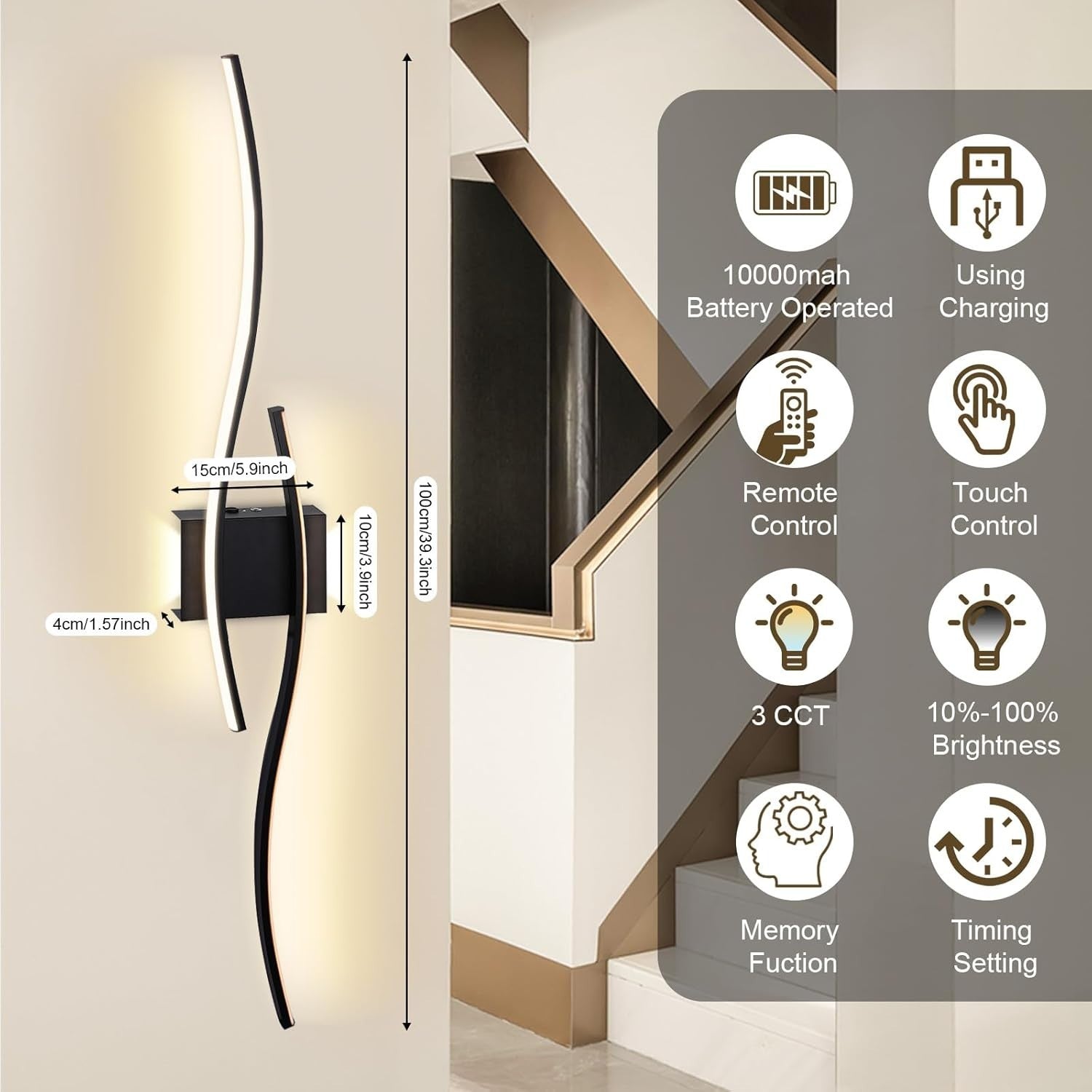 Wireless Rechargeable Wall Light 100cm, Remote Control, Dimmable Warm-Cool