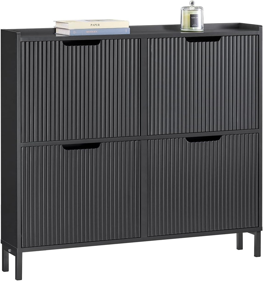 Black Slim Shoe Cabinet 4 Flip Drawers – Wide Hallway Storage Unit 100cm