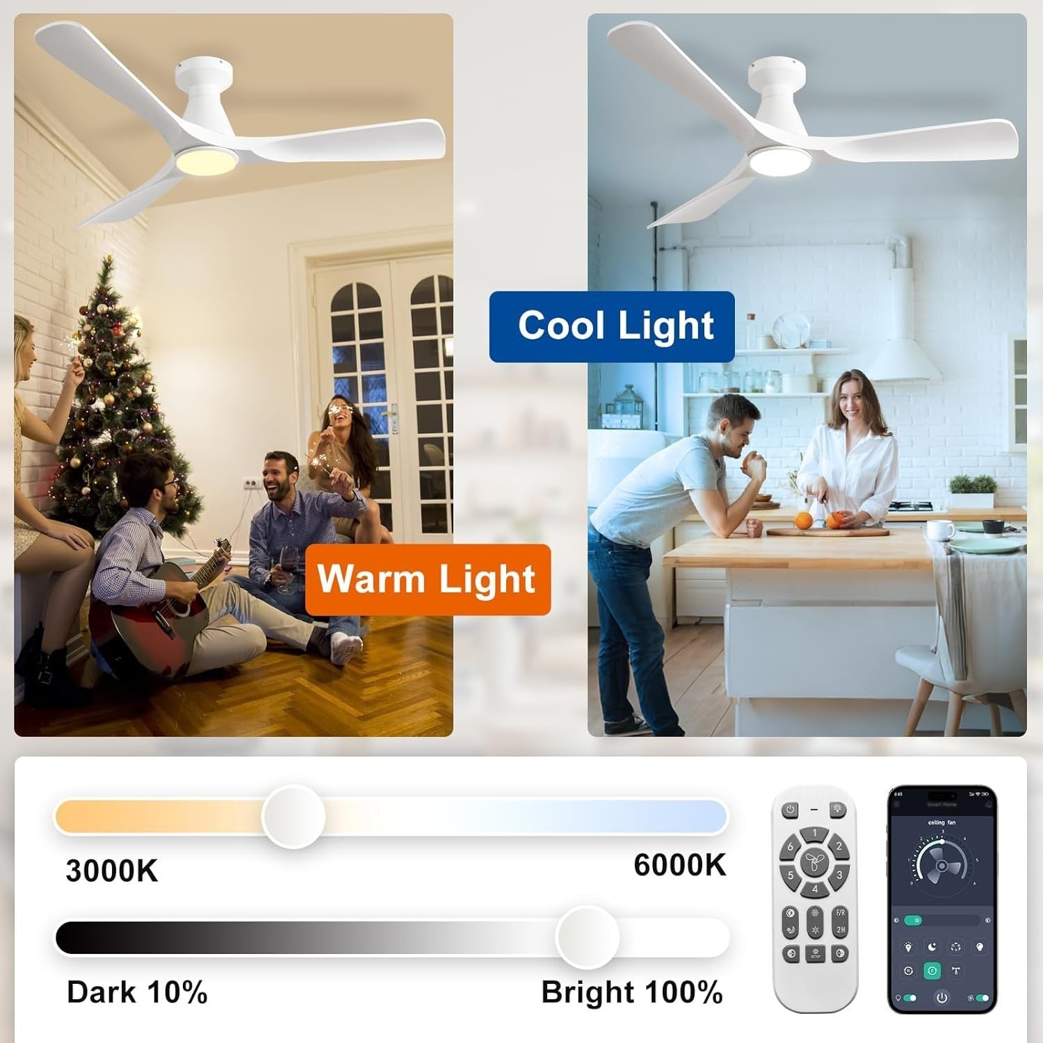 52-Inch White Ceiling Fan with Light, Quiet DC Motor, Remote Control