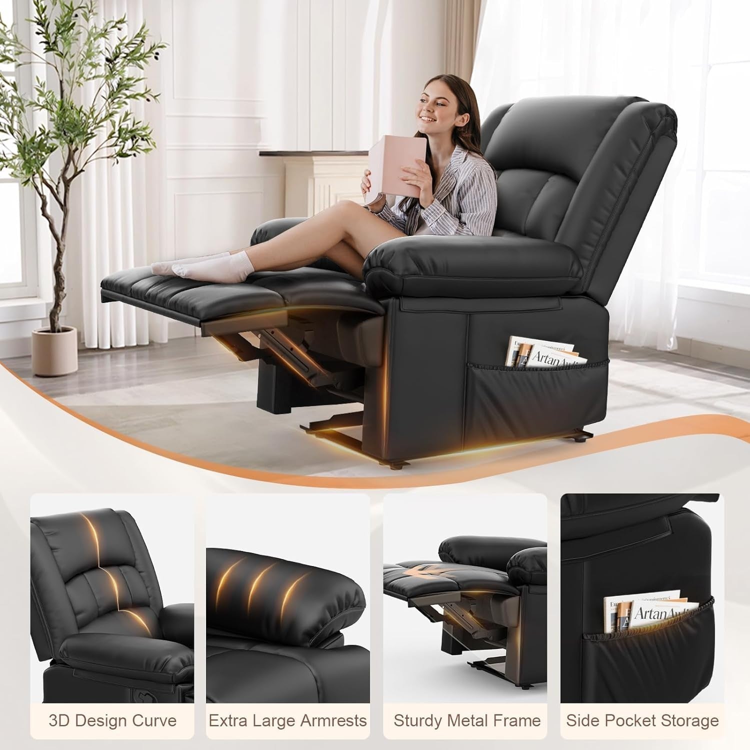 Manual Recliner Chair Massage Heat 135° Recline Footrest Dual Pockets Black