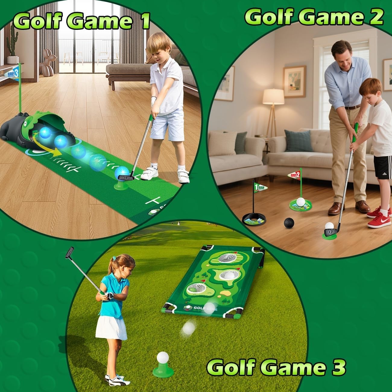 Kids Golf Set Dinosaur Putting Mat Auto Ball Return Indoor Outdoor Toy