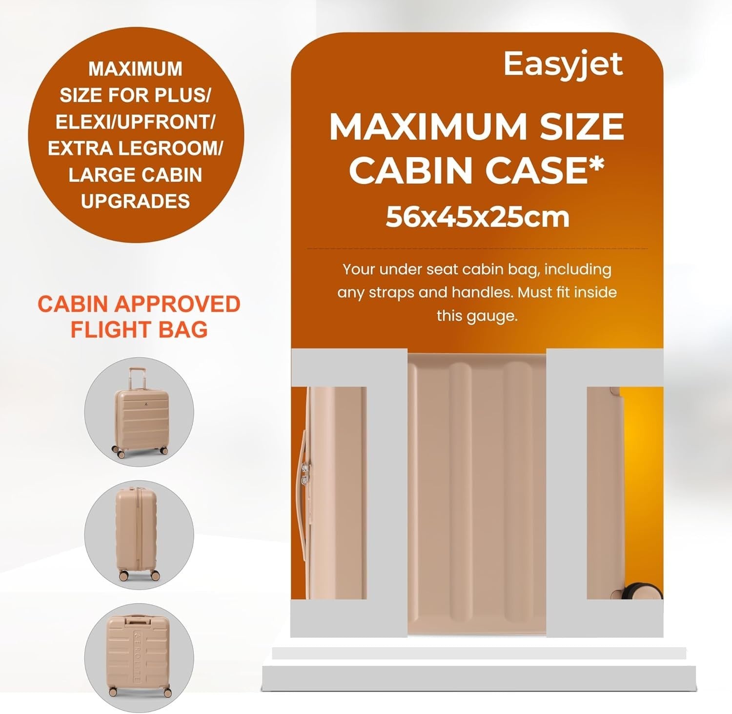 56x45x25 Cabin Suitcase ABS Hard Shell 8 Wheel Carry On TSA Lock 46L