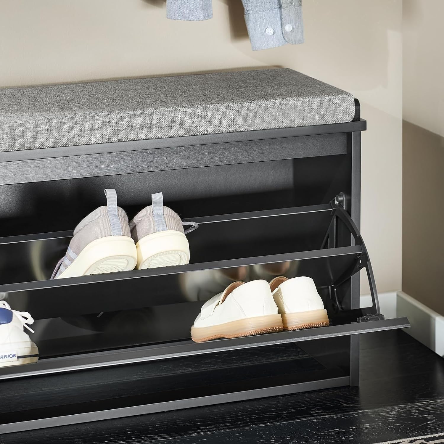 Black Shoe Storage Bench with Cushion – 2-Tier Flip Drawer Seat 80cm