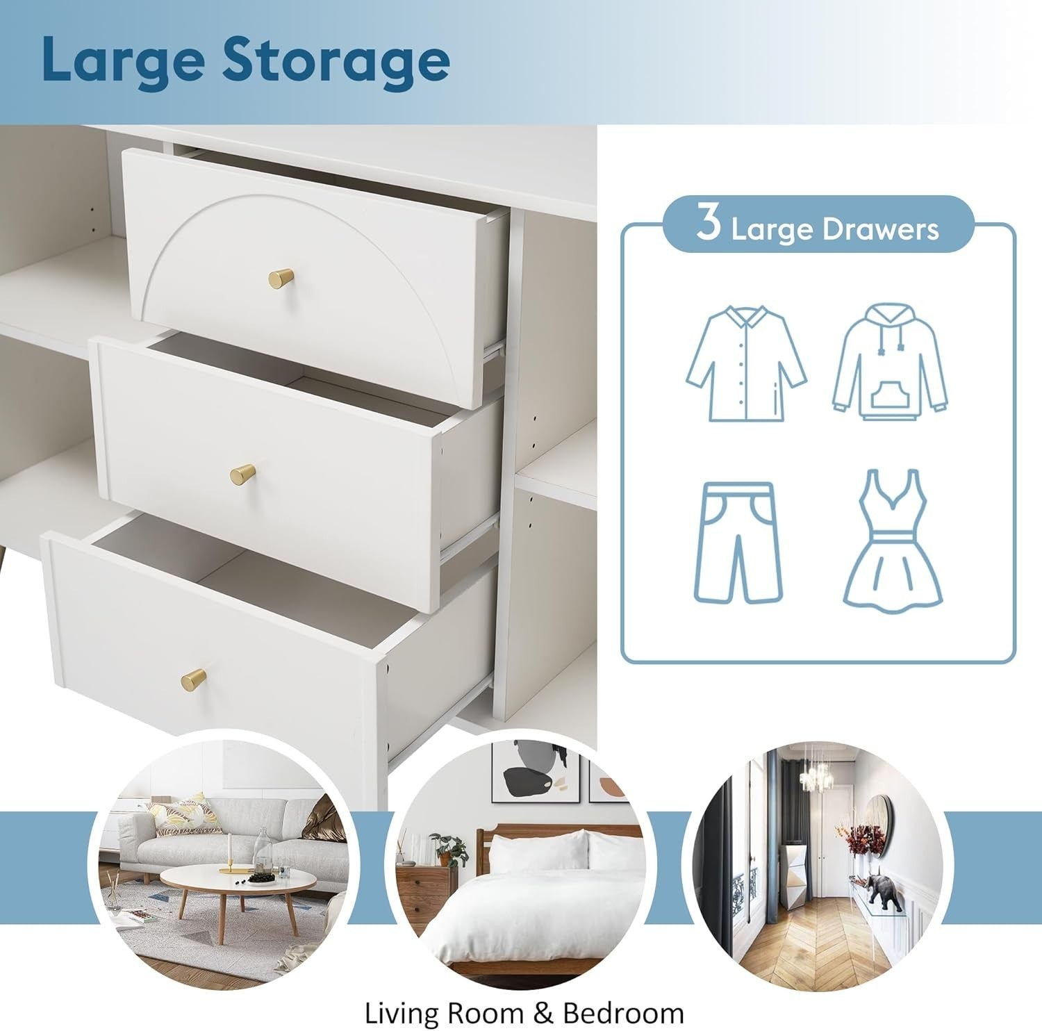 Modern Cream White Storage Cabinet with 2 Doors & 3 Drawers Adjustable Shelf