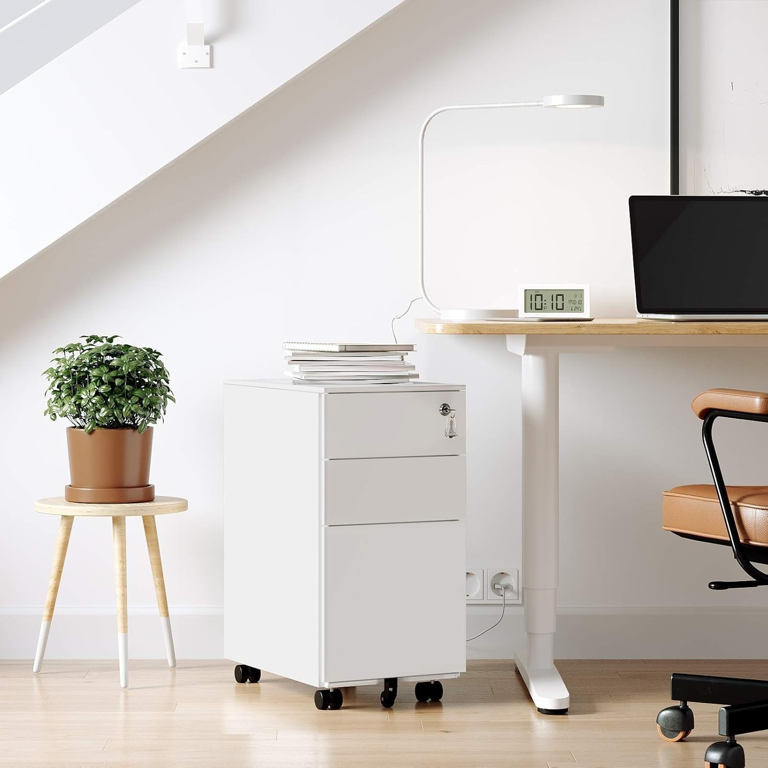 White Mobile File Cabinet 45x30x60cm Lockable Steel 3 Drawer