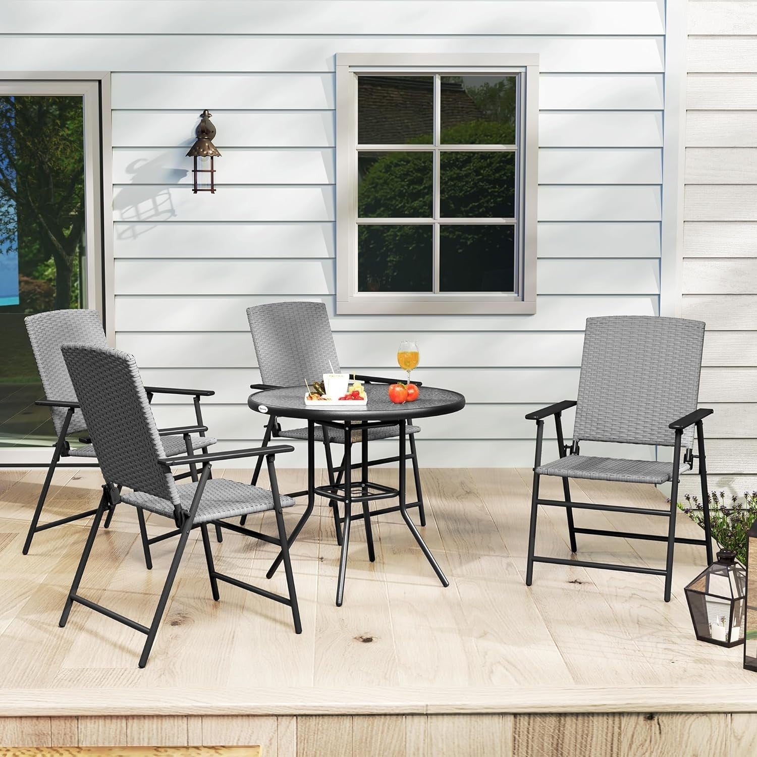 Set of 4 Folding Garden Chairs High Back Rattan Patio Dining Seating
