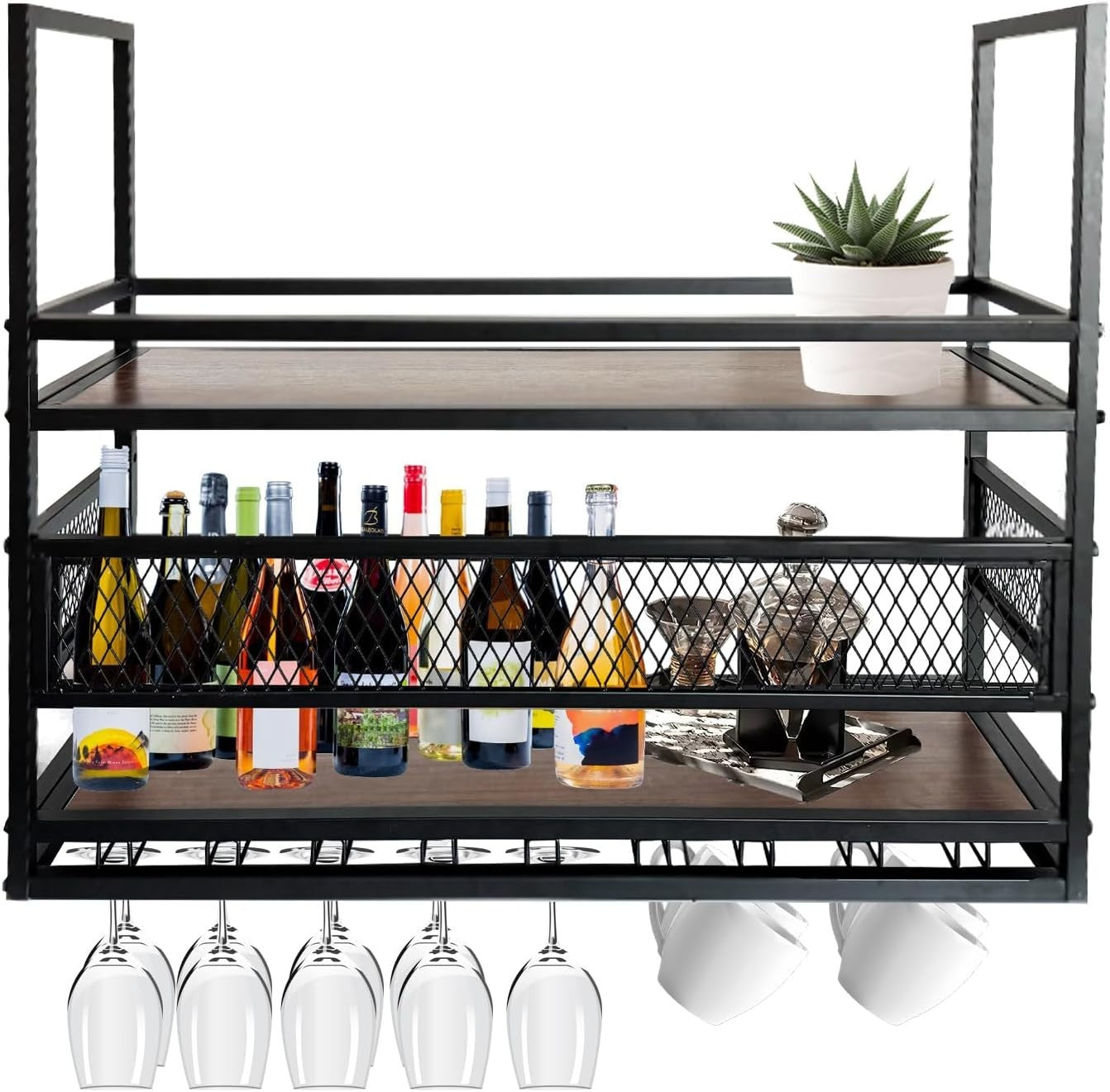 Ceiling Hanging Wine Rack 2-Tier Bar Bottle & Glass Holder Storage Shelf 140cm