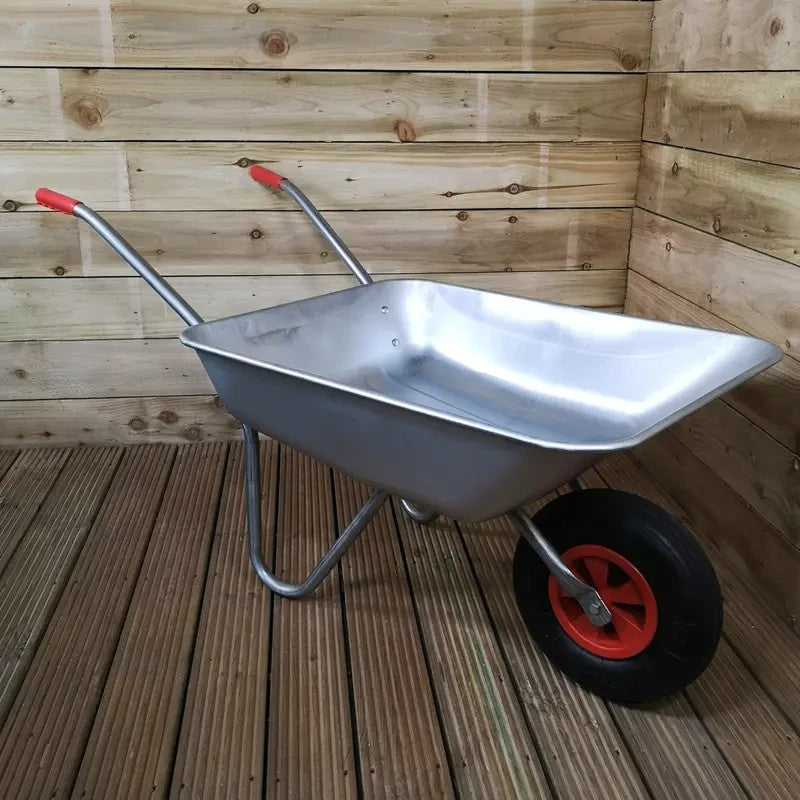 65L Galvanised Garden Wheelbarrow Metal Tray Pneumatic Tyre 60kg Max Load