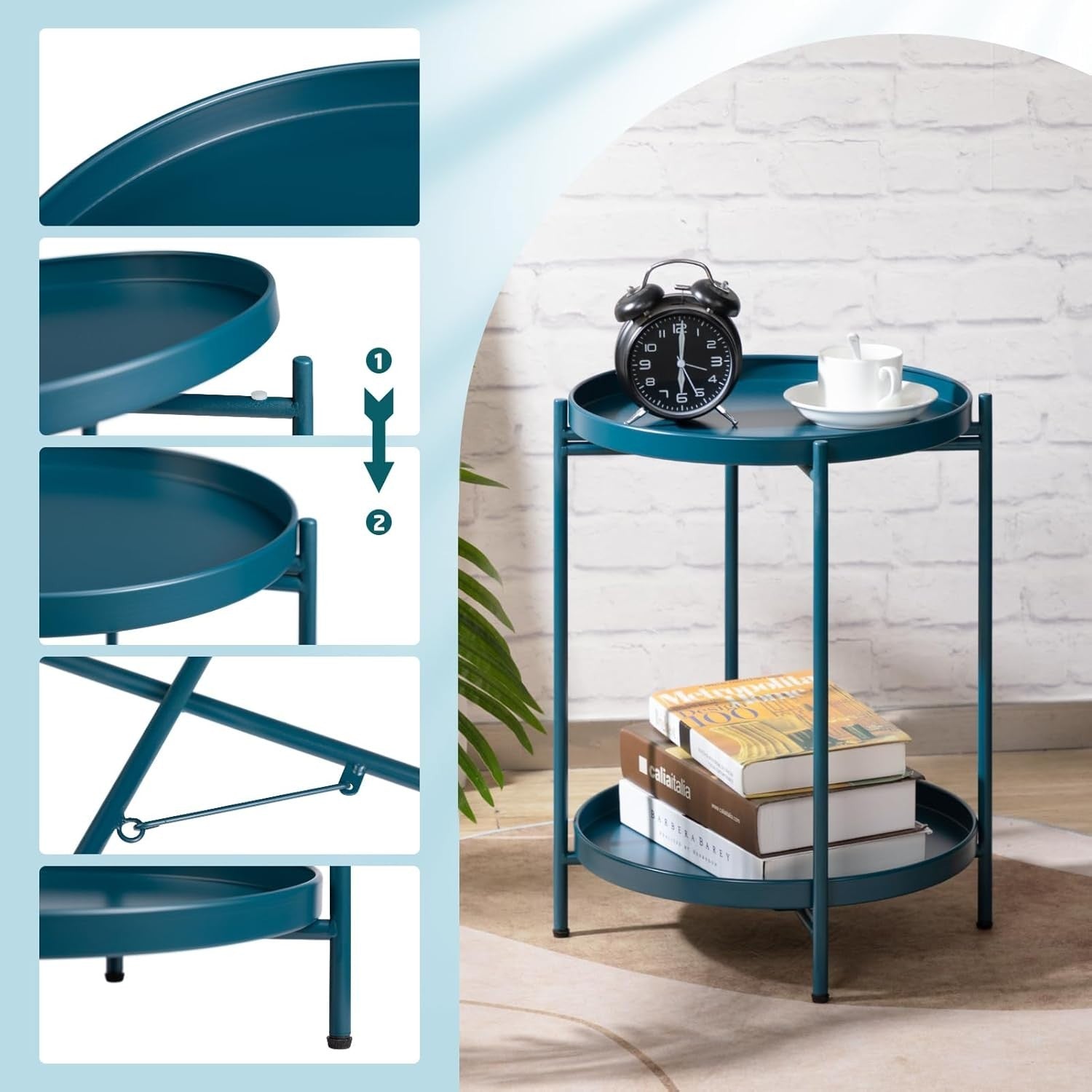 Small Round Metal Side Table 2-Tier Coffee Table Removable Tray Peacock Green