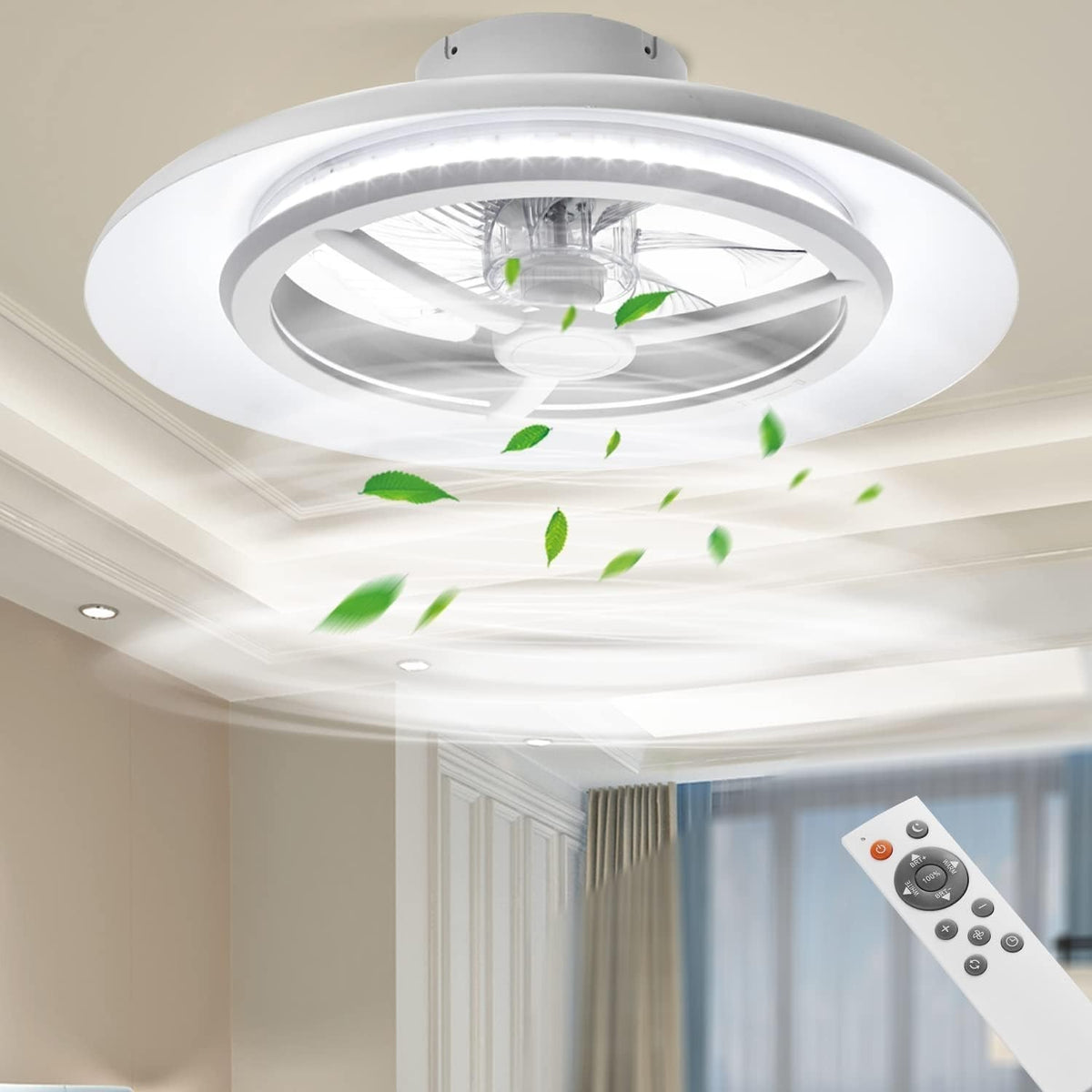 55CM Smart LED Ceiling Fan Light, Stepless Speed & Dimming, White Satin