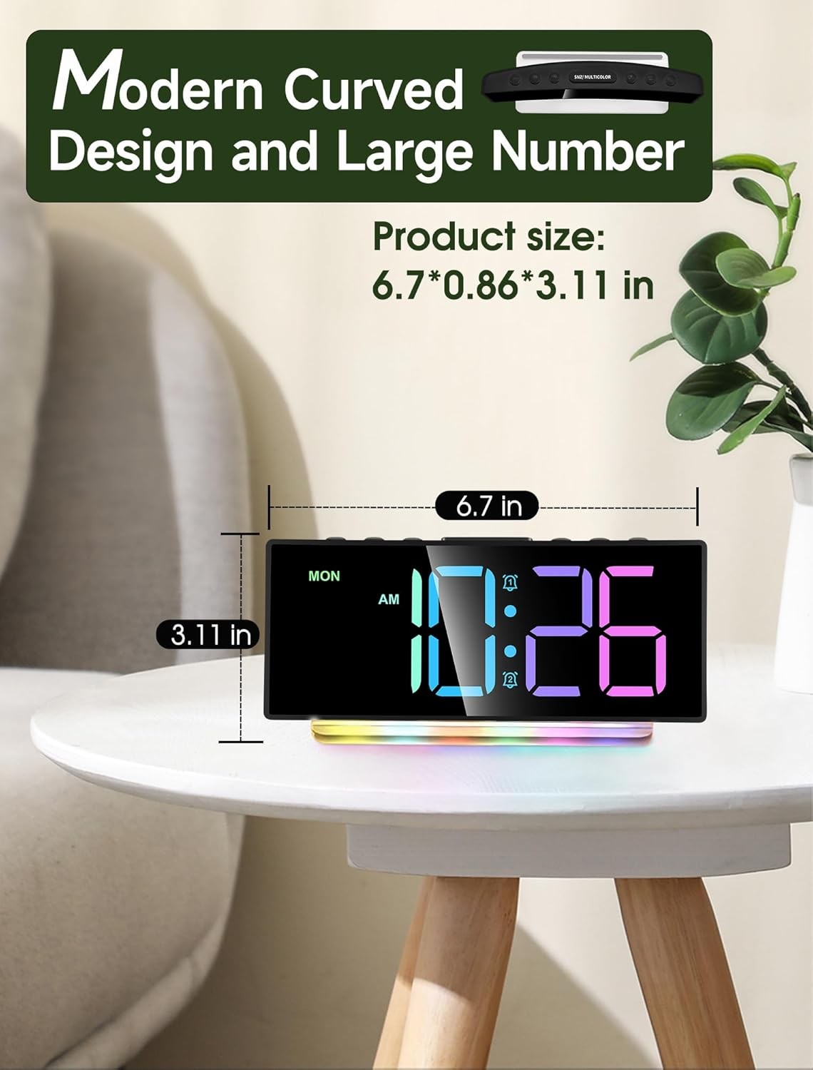 Extra Loud Alarm Clock Large LED Display RGB Night Light Heavy Sleepers