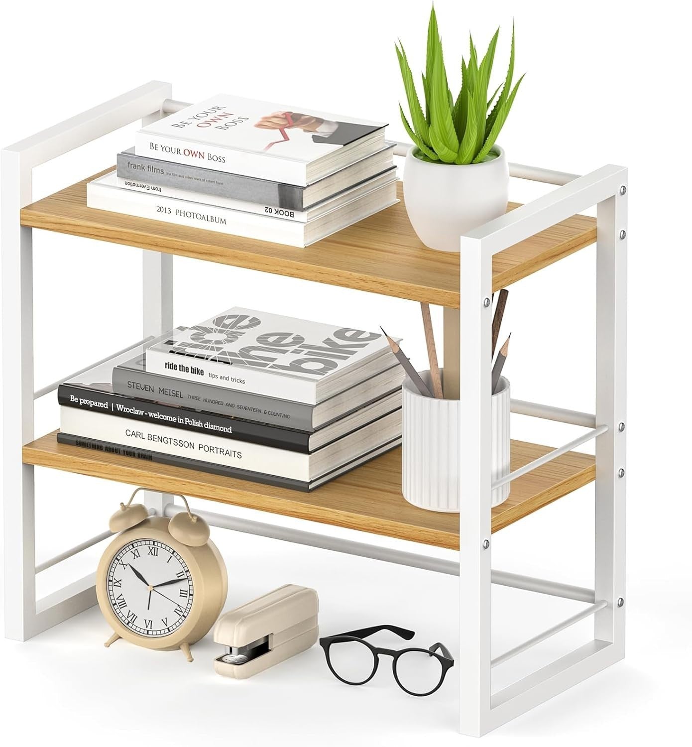 Wood Desk Shelf Organizer 2 Tier Desktop Storage Rack for Office Home White