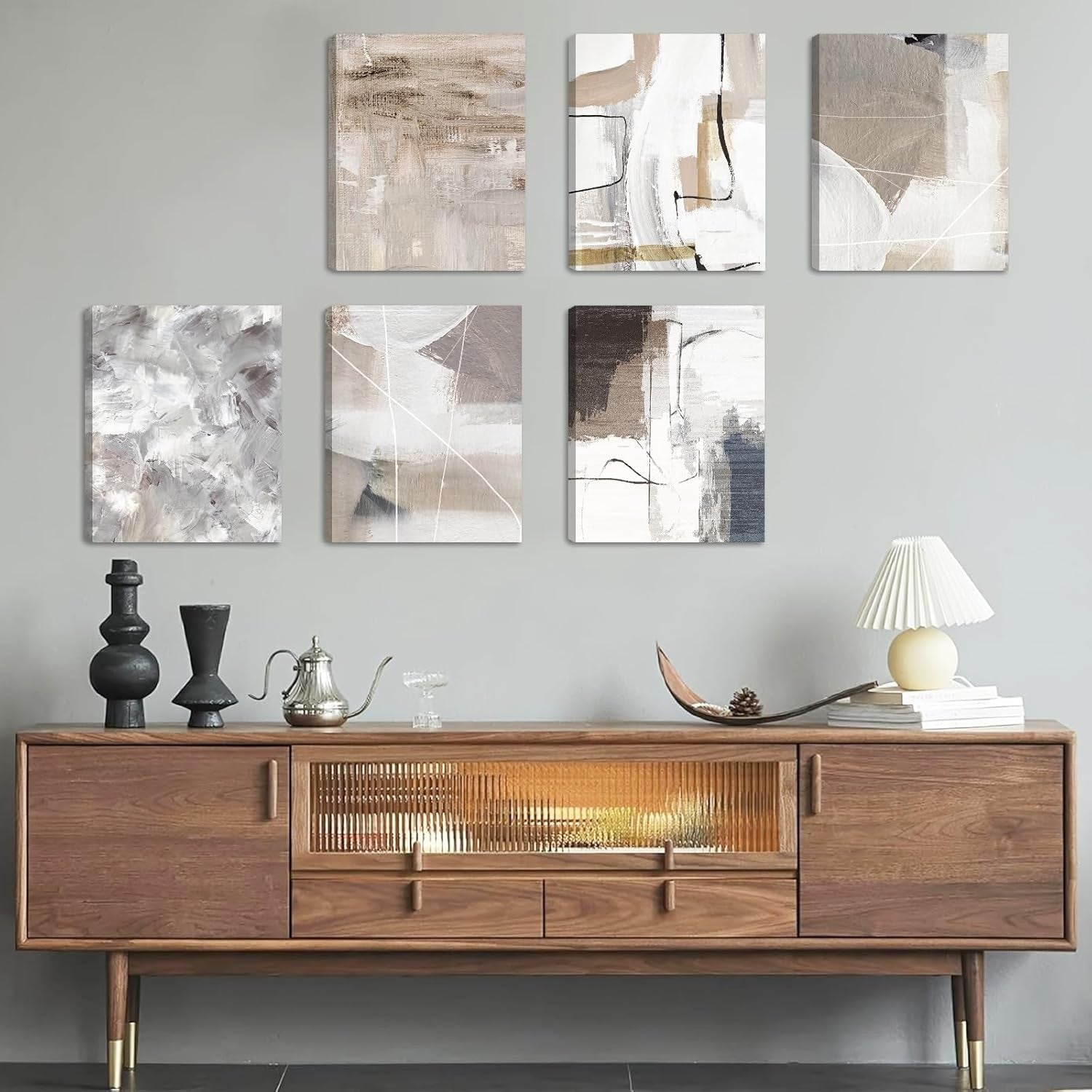 Abstract Wall Art Set of 6 Framed Black White Canvas 8x10in