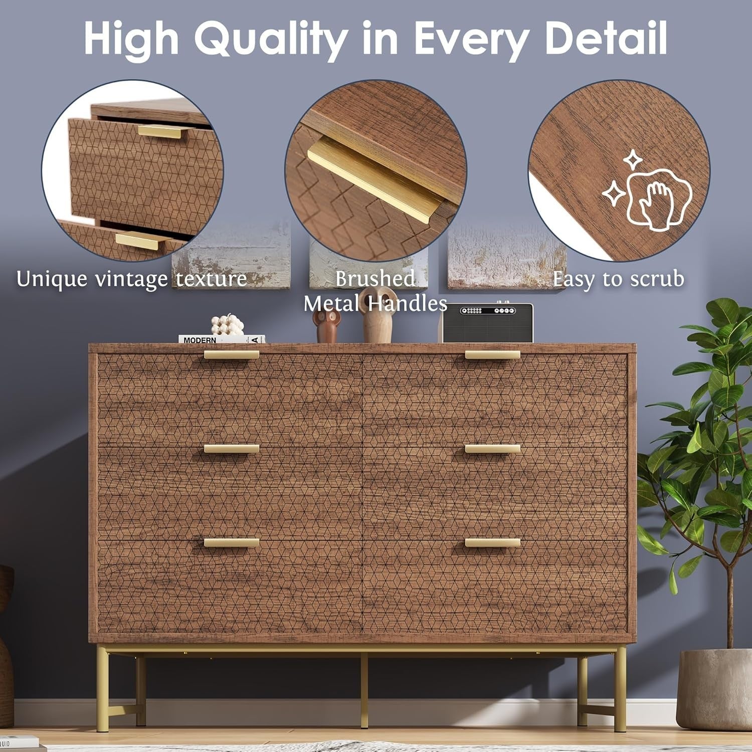 120cm Walnut Sideboard Chest with 6 Drawers for Hallway or Bedroom