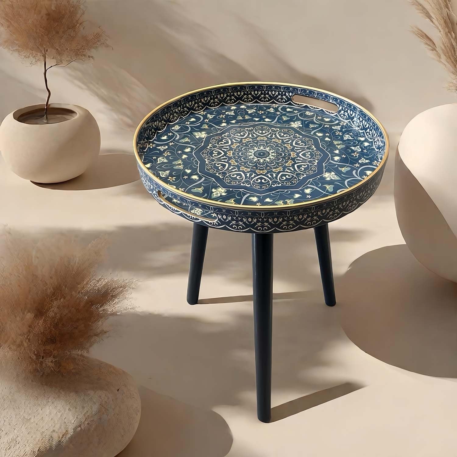 Round Outdoor Side Table with Detachable Legs – 50x38x38cm Blue Maze