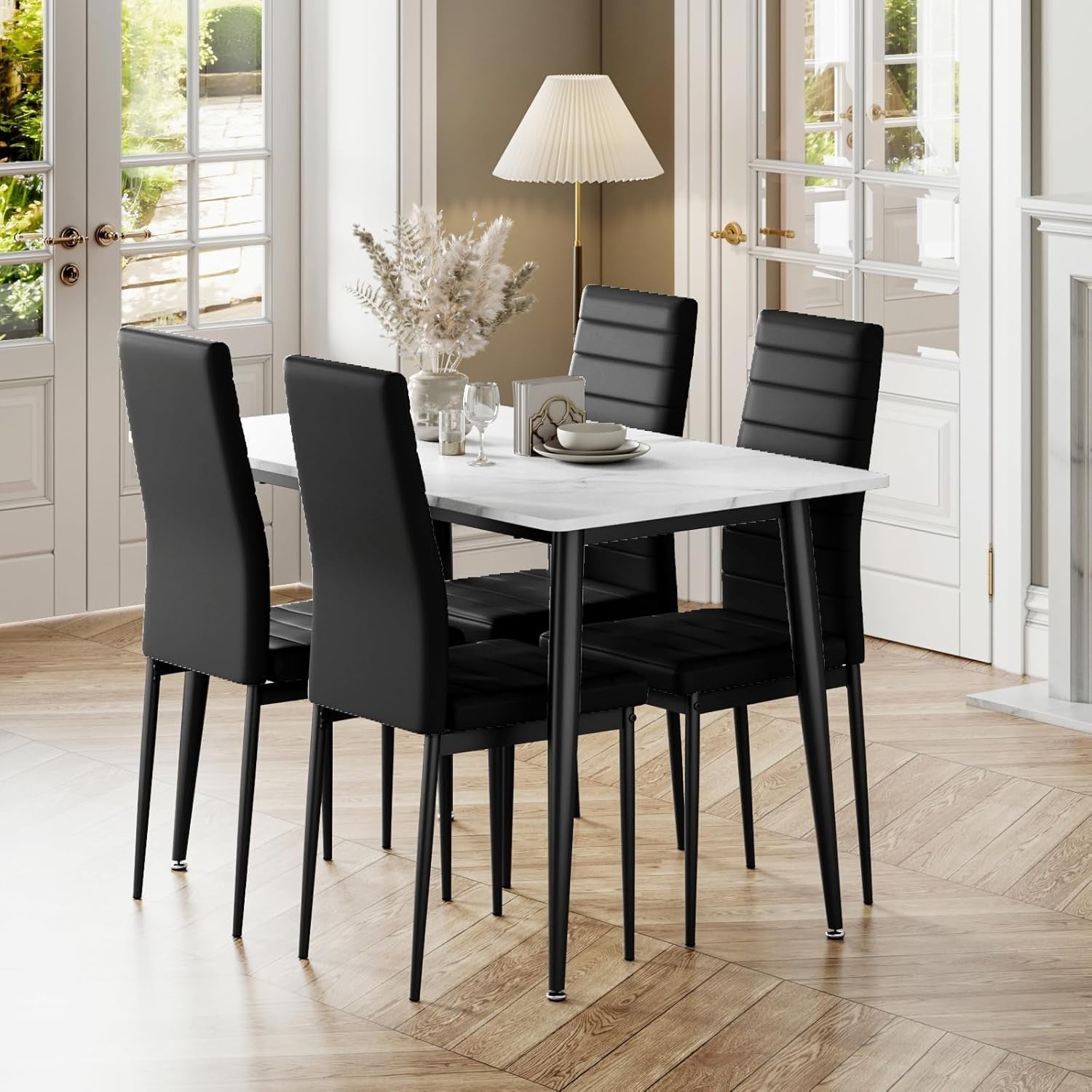 4 Seater Marble Dining Table Set White Faux Leather Chairs Modern