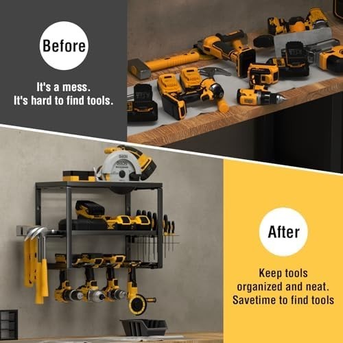 Heavy-Duty Wall Tool Rack 41.9x21x33cm 4-Slot Drill & Battery Organizer
