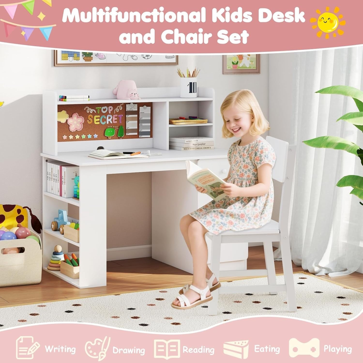 Kids Study Desk and Chair Set Wooden Writing Table Storage Shelves Drawer White