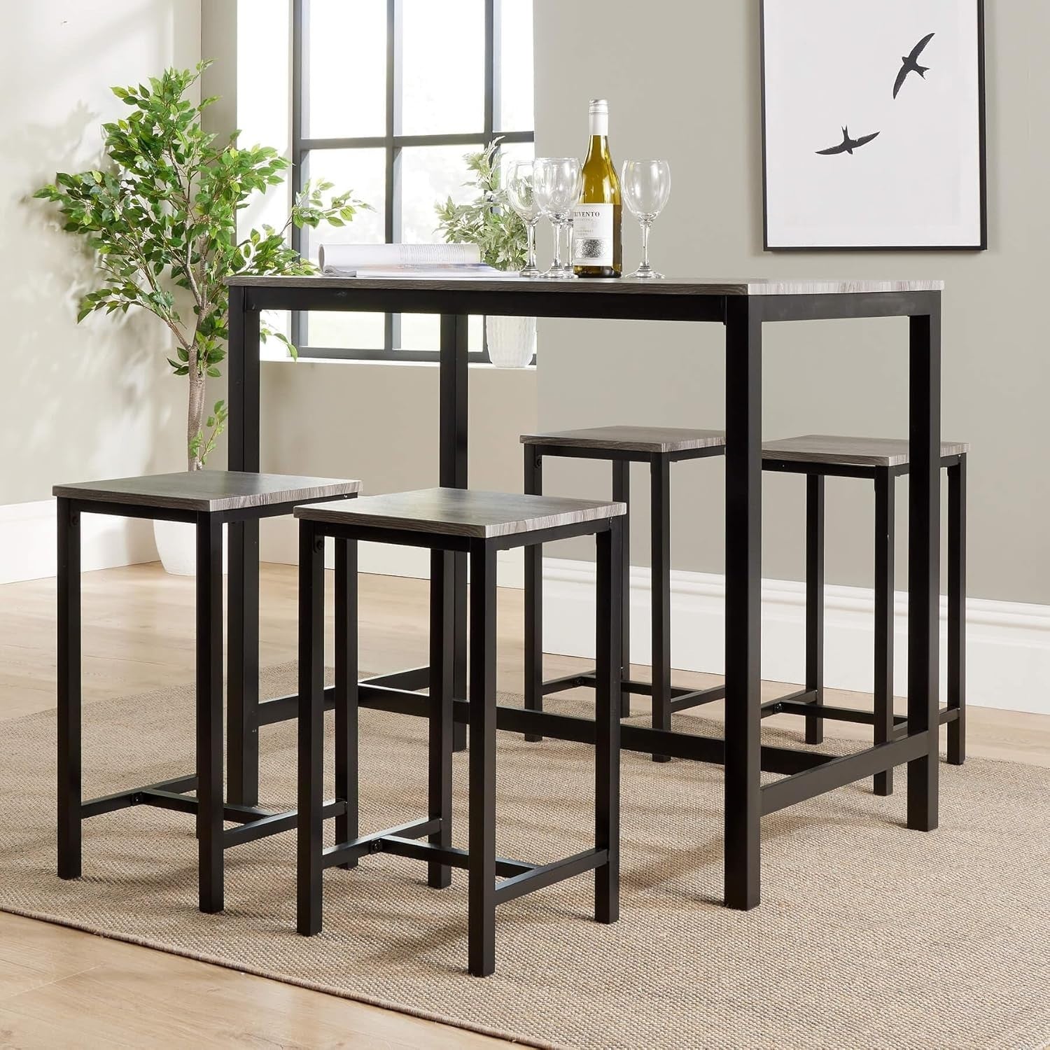 5-Piece Breakfast Bar Table Set with 4 Stools Grey Industrial Dining Furniture