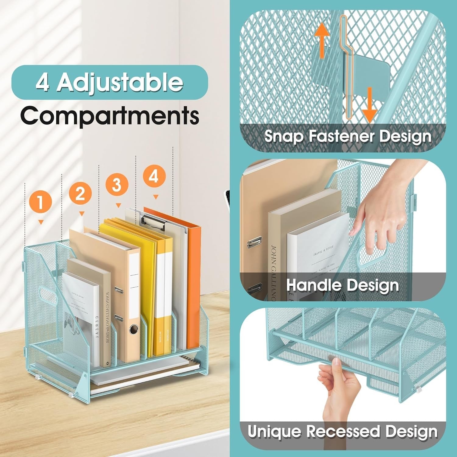 Desk File Organizer with 4 Adjustable Compartments & Letter Tray – Mesh Desktop
