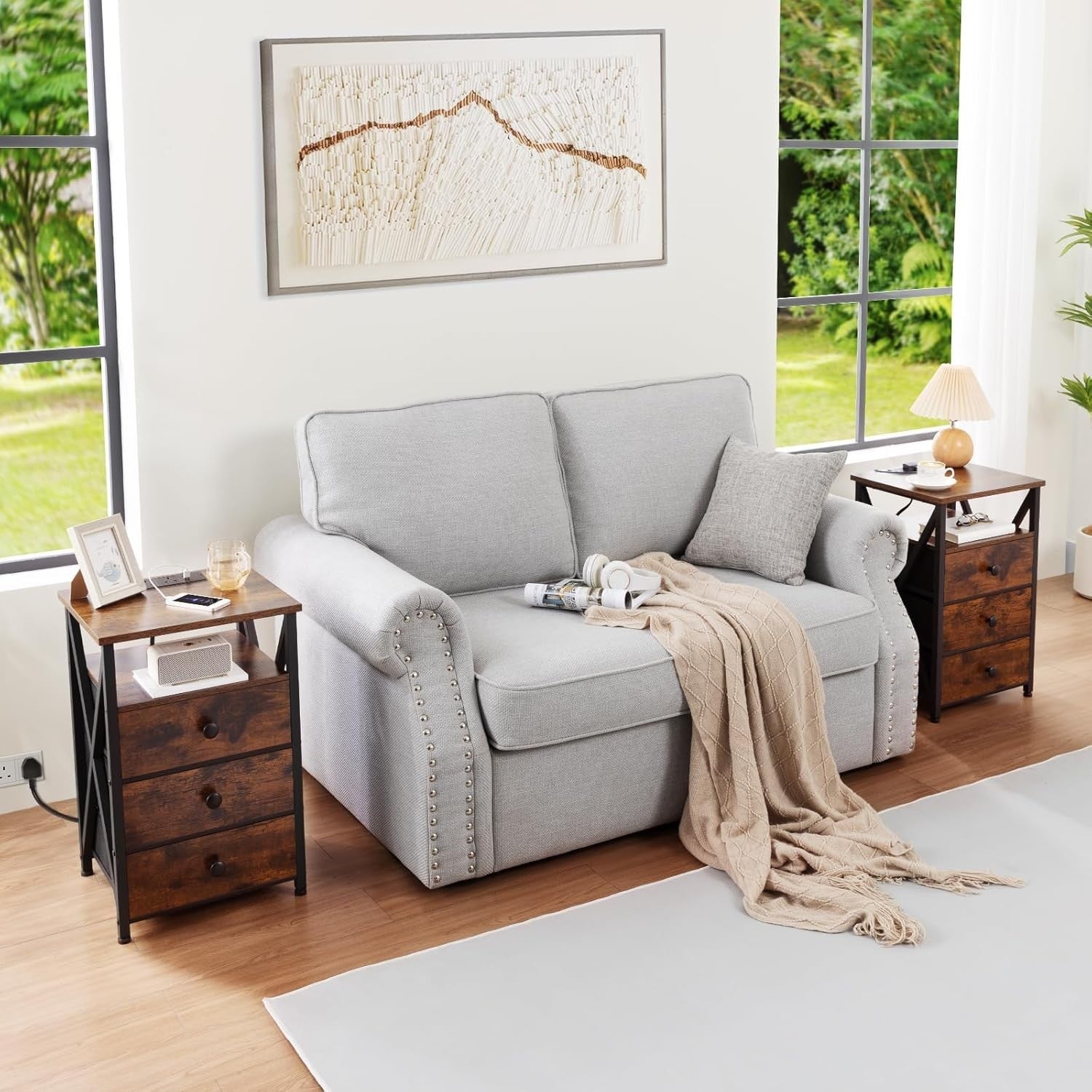 Rustic LED Bedside Table with Charging Station | 3 Drawer Nightstand