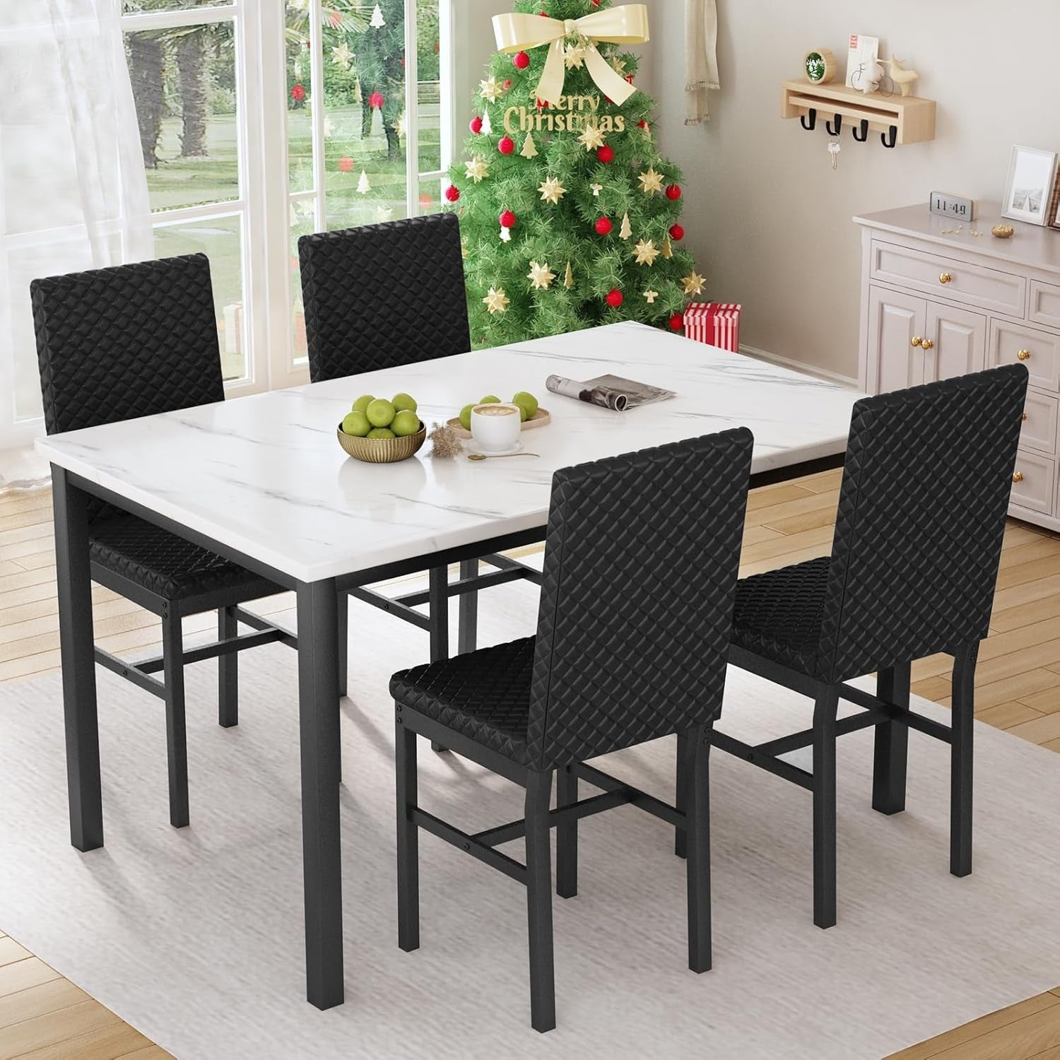White Faux Marble Dining Table & 4 Black PU Leather Chairs Set for Small Rooms