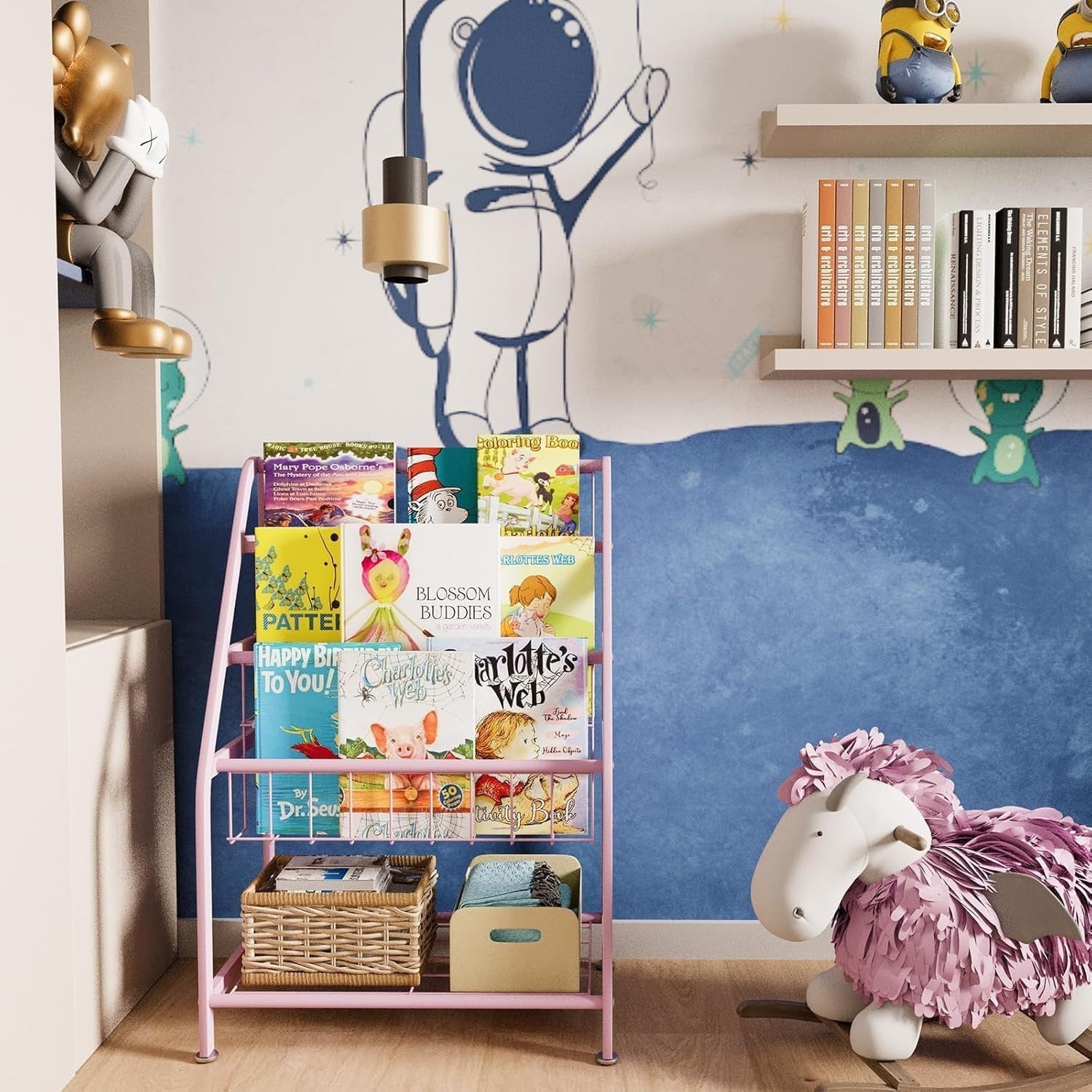 Kids Leaning Bookshelf & Toy Organizer Rack – Durable Metal, Space Saving, Pink