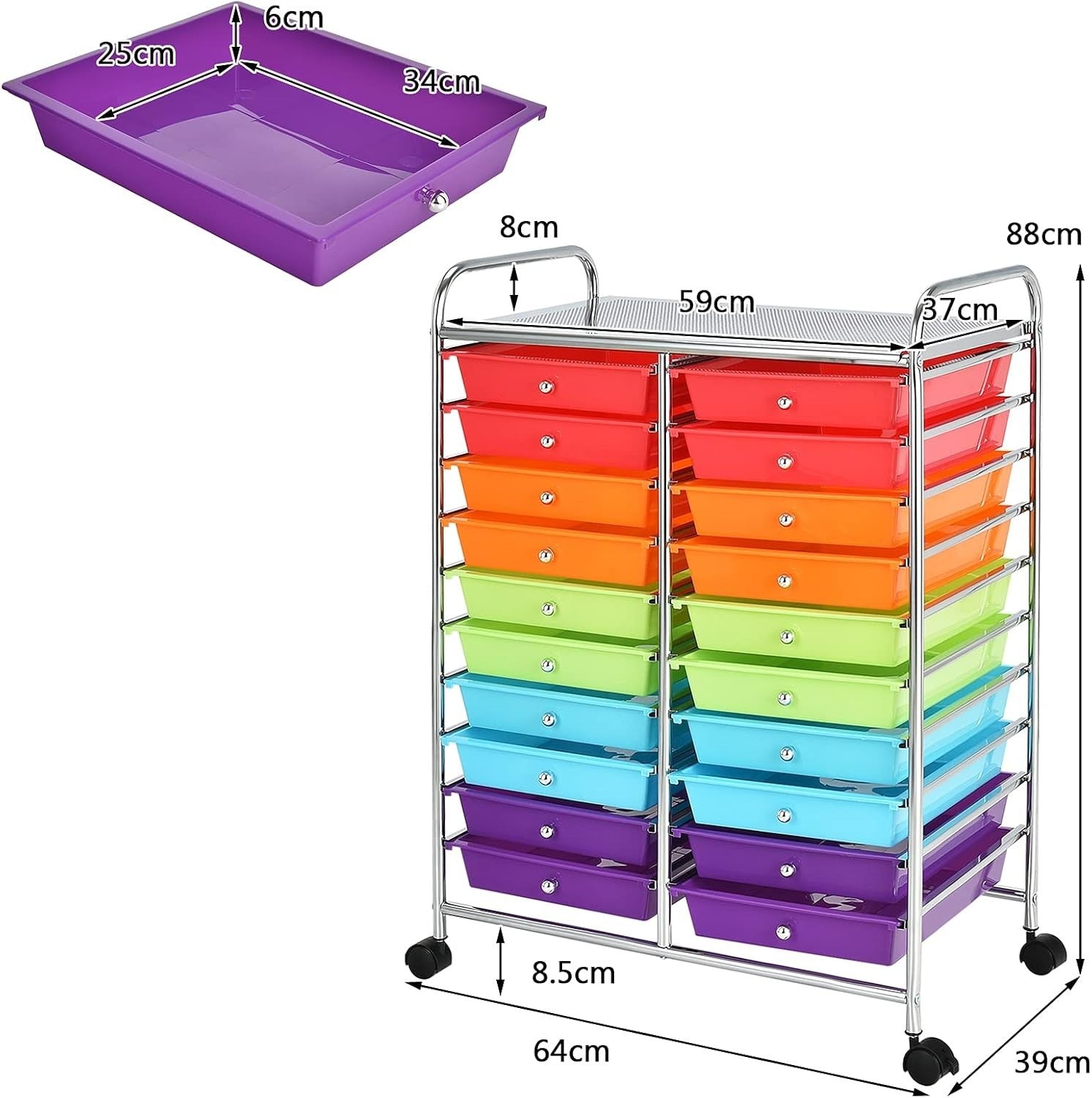 Multicolor 20 Drawer Rolling Storage Trolley Utility Organizer Cart